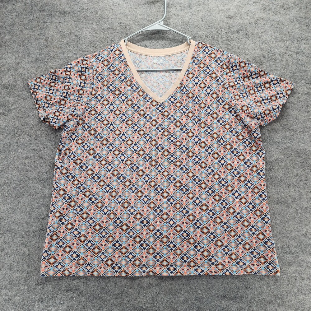 Lands End Shirt Womens Large 14-16 Short Sleeve Brown Aztec Relaxed Fit